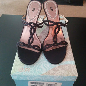 Black Satin Beaded Evening Sandals